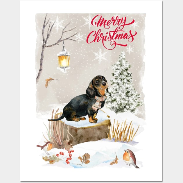 Black And Tan Dachshund Puppy Merry Christmas Santa Dog Wall Art by Puppy Eyes